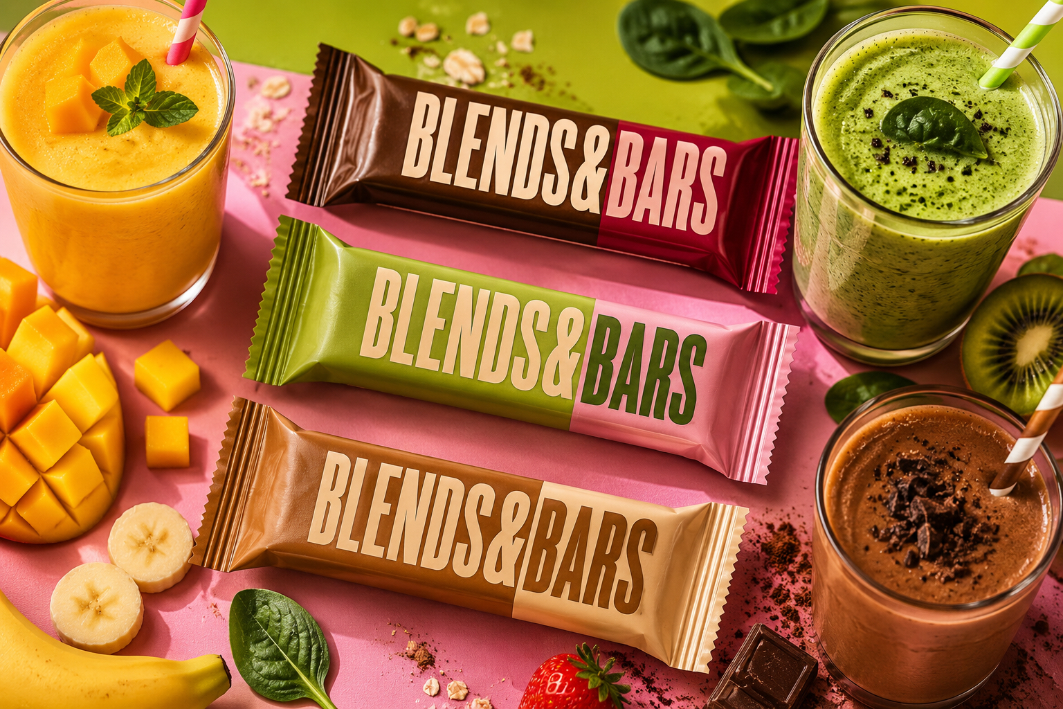 Blends & Bars protein bars next to mango, green, and chocolate smoothies